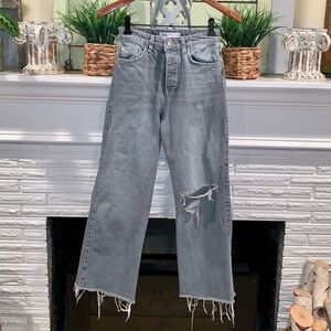 Zara Gray Distressed High Waist Button Fly Cutoff Straight Leg Jeans Size 2